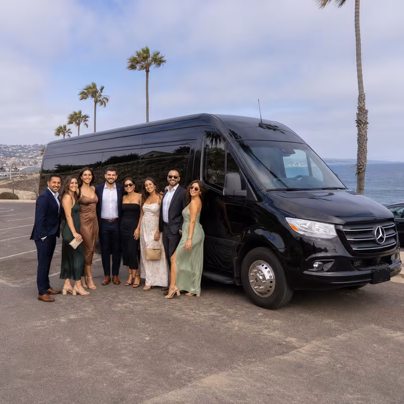 Group beside a Mercedes Sprinter limo from the San Diego fleet