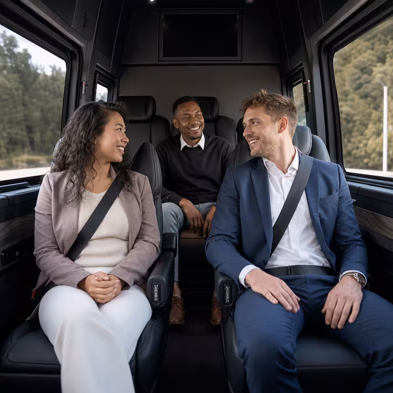 Group boarding a white charter bus for Corporate Transportation transportation in San Diego