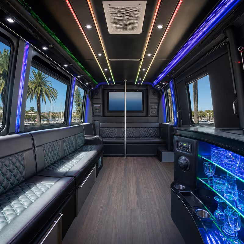Party bus interior with wraparound leather seating and LED lighting in San Diego
