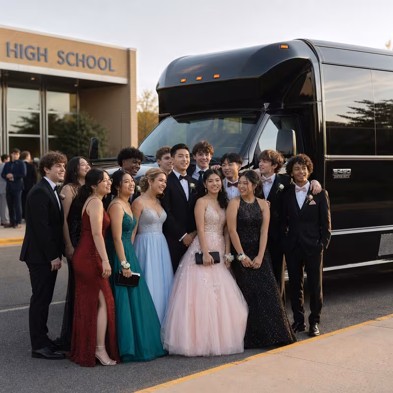 Group boarding a white charter bus for Prom & Homecoming Transportation transportation in San Diego