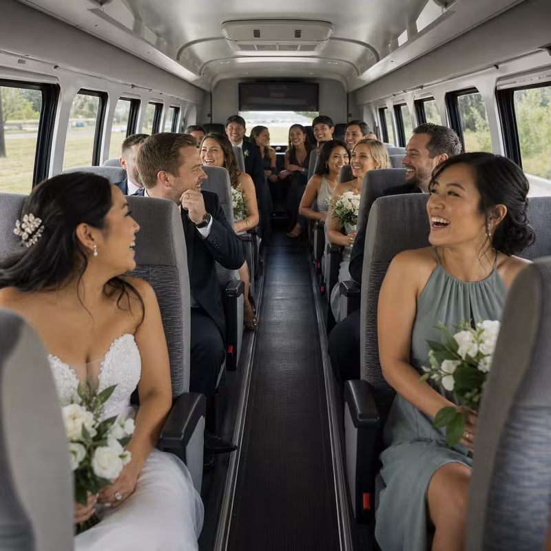 Group boarding a white charter bus for Wedding Transportation transportation in San Diego